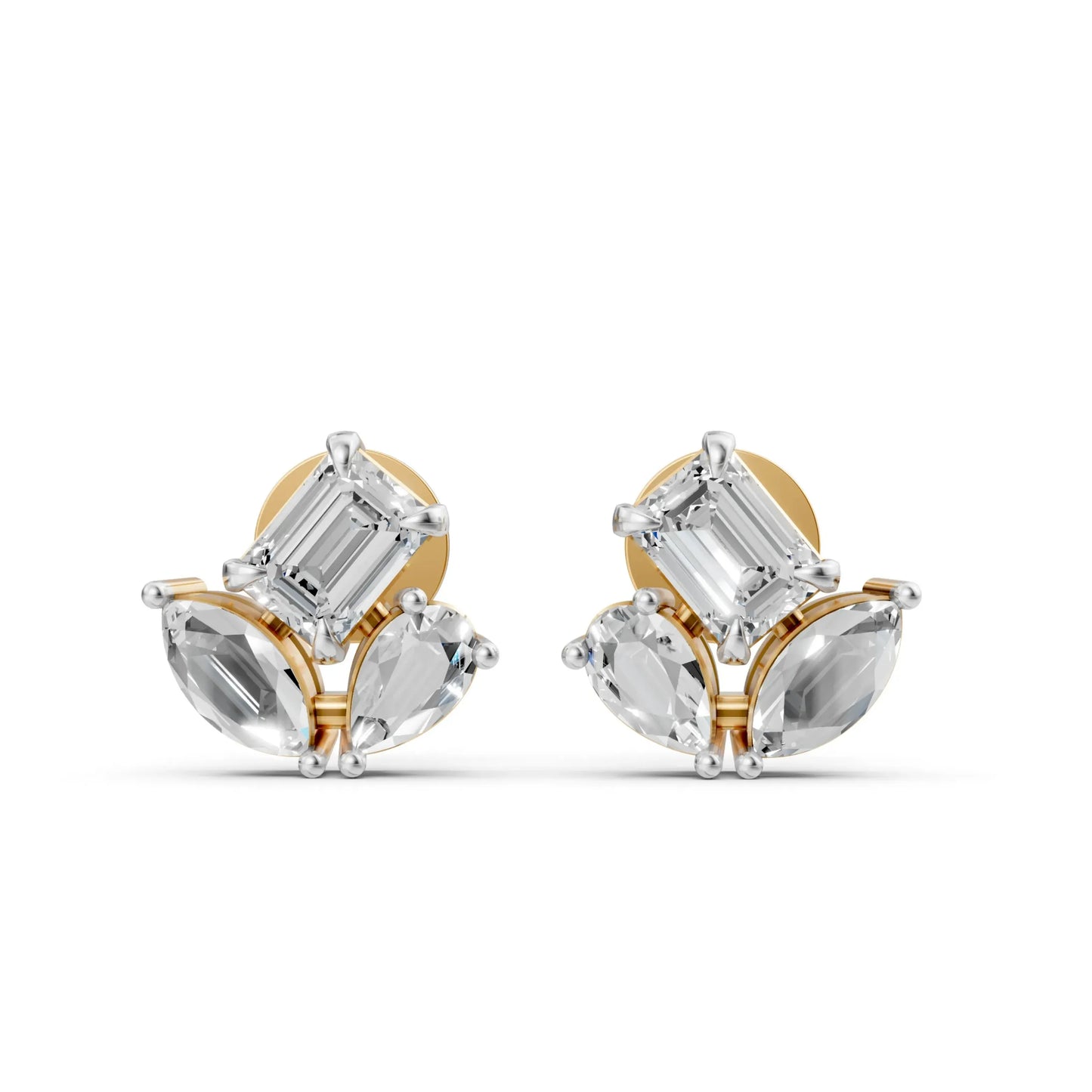 Marquise and Emerald-Cut Diamond Stud Earrings Yellow Gold