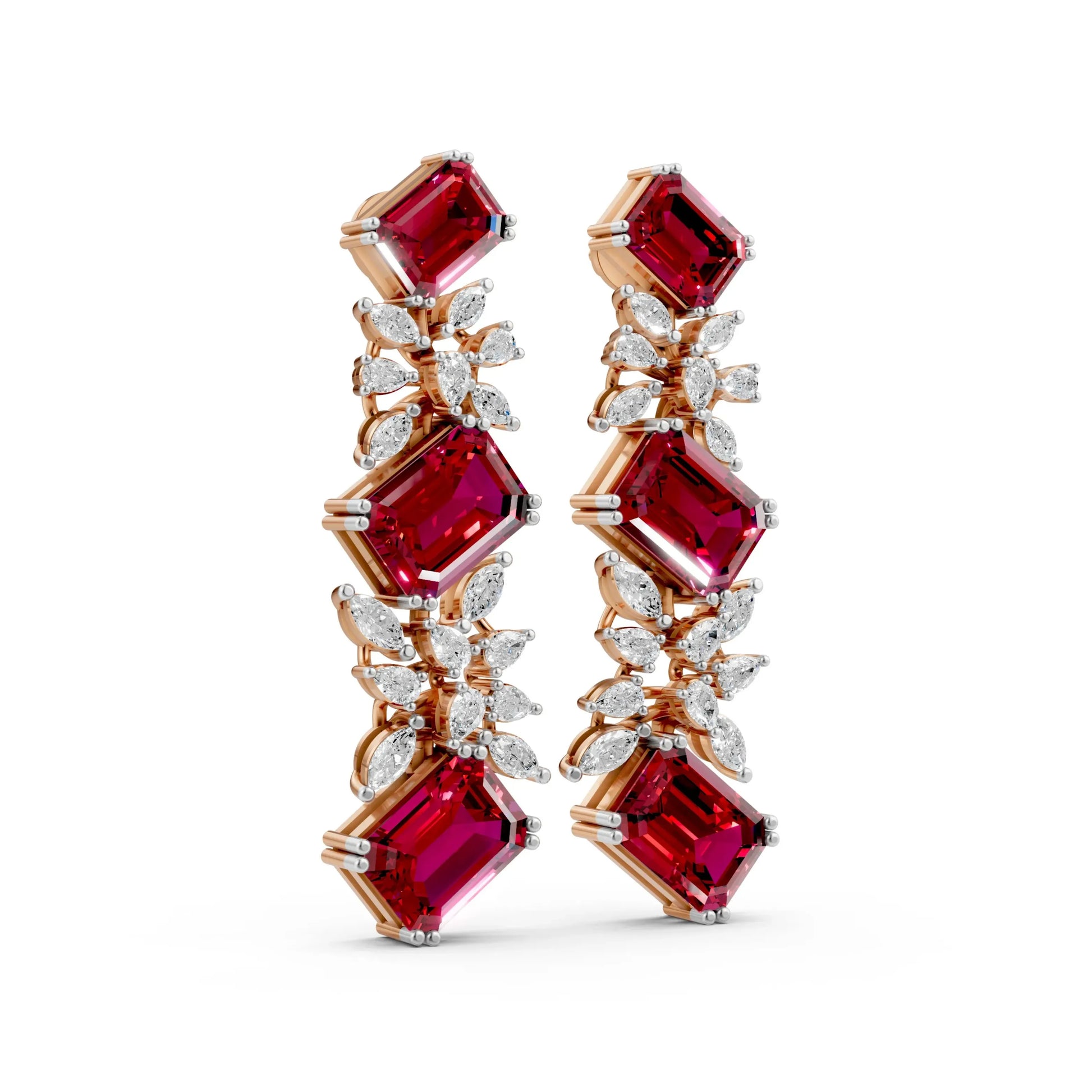 Emerald-Cut Ruby and Diamond Cascade Earrings Rose Gold
