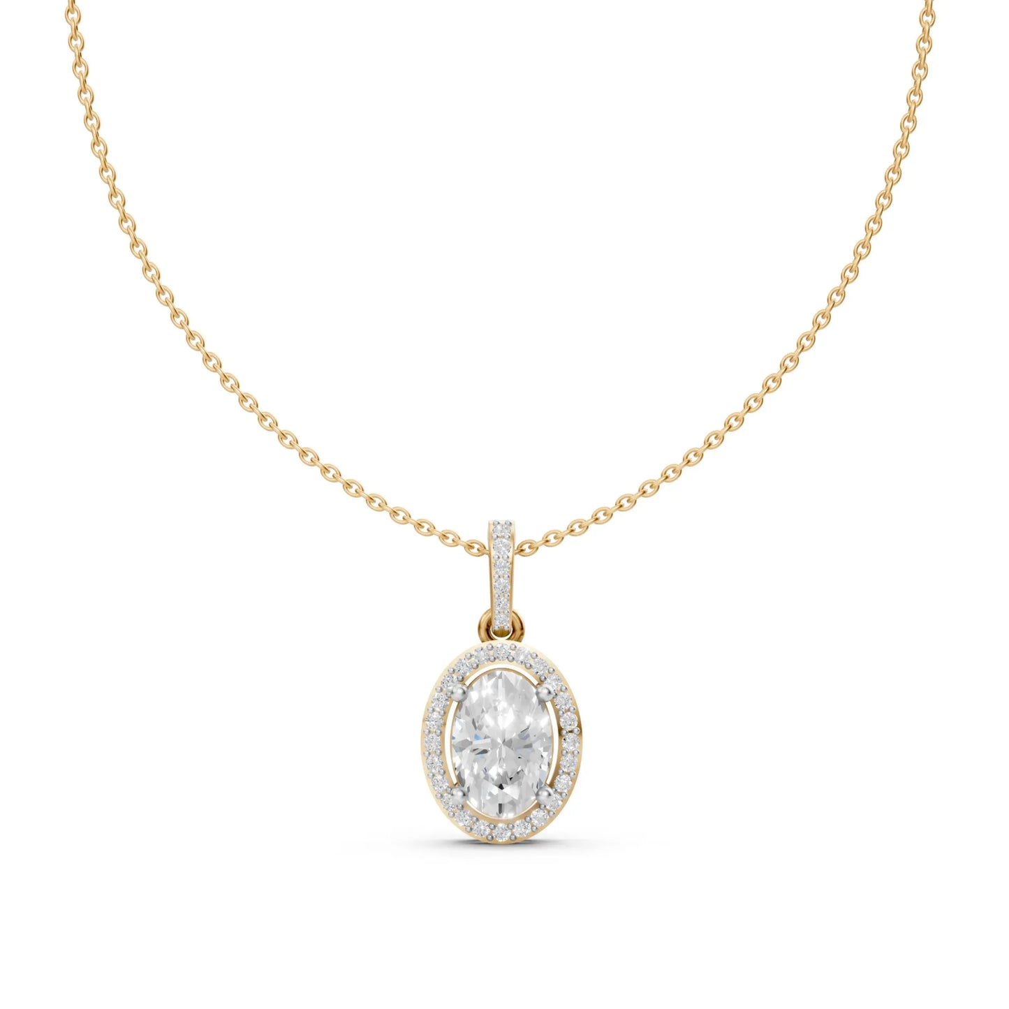 Classic Oval Cut Diamond Pendant with Halo Setting Yellow Gold