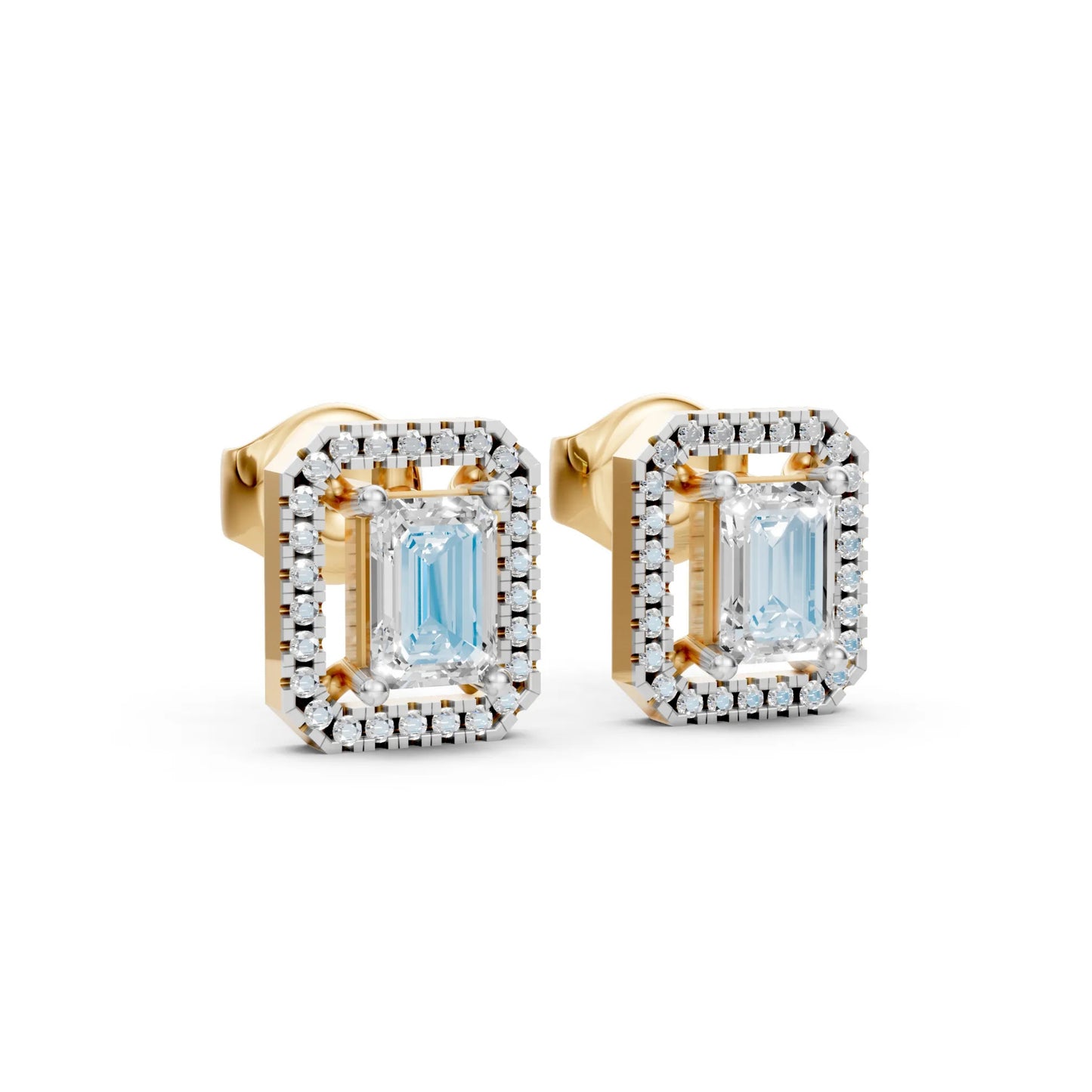 Emerald Cut Diamond Stud Earrings Yellow Gold