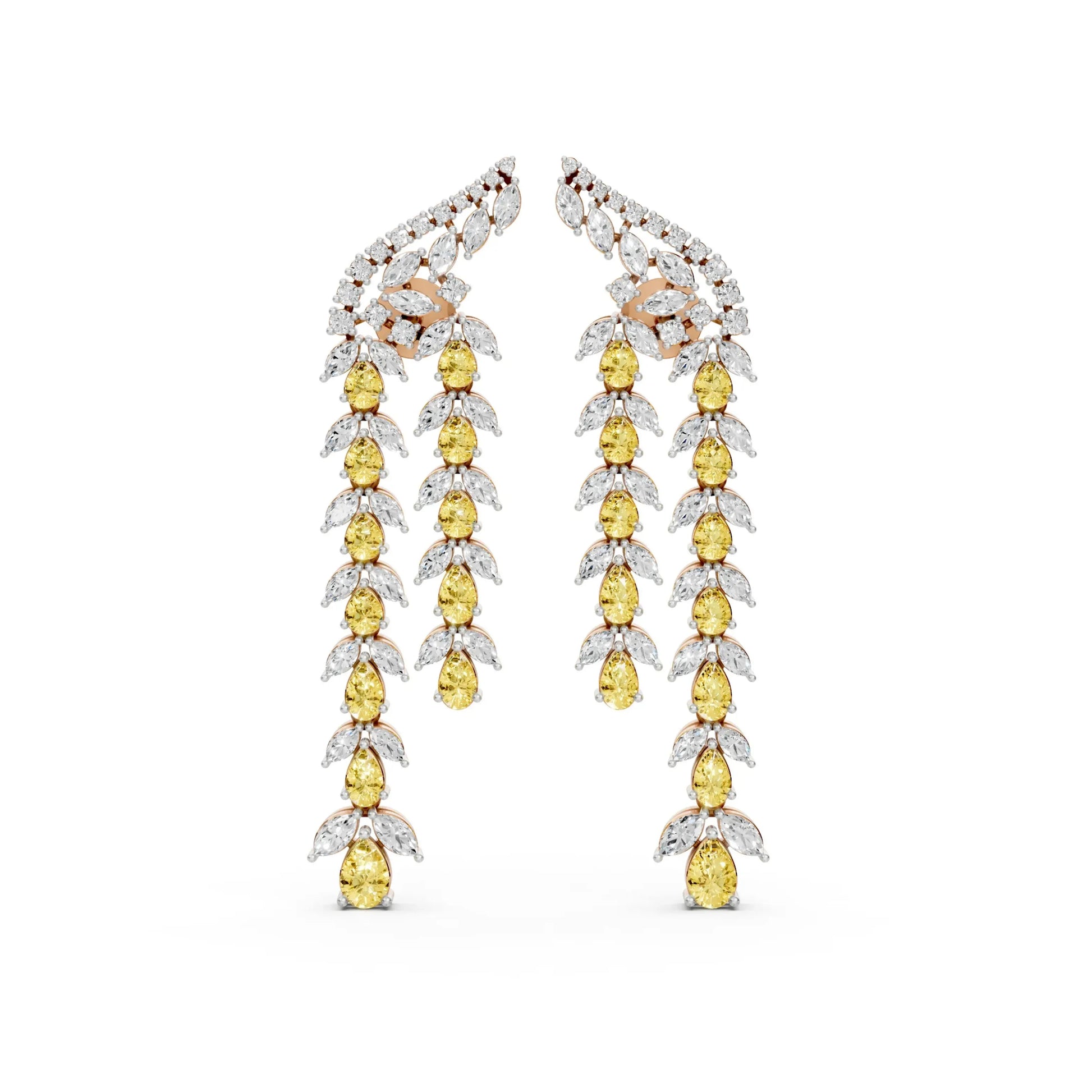 Long Drop Earrings with Yellow Pear Diamonds Rose Gold