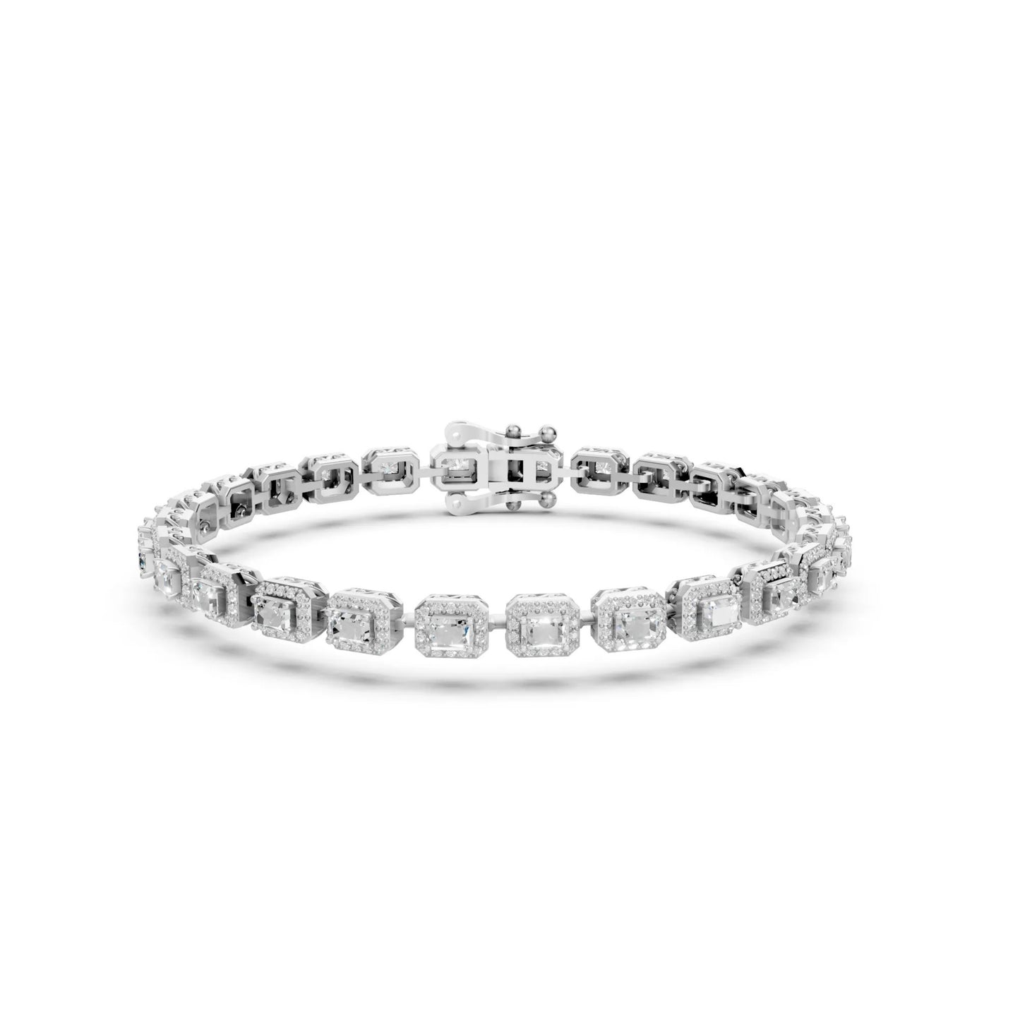Emerald-Cut Halo Diamond Tennis Bracelet White Gold