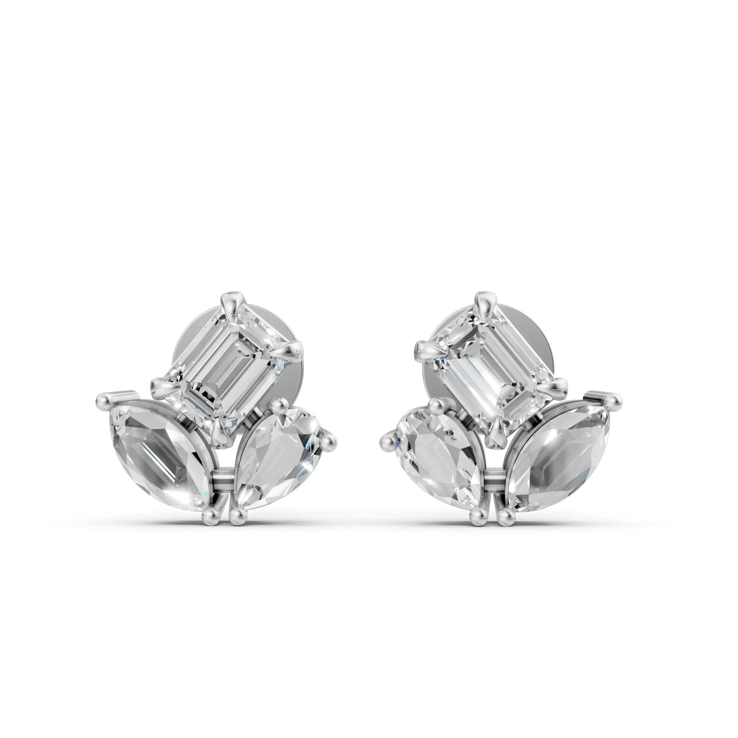 Marquise and Emerald-Cut Diamond Stud Earrings White Gold