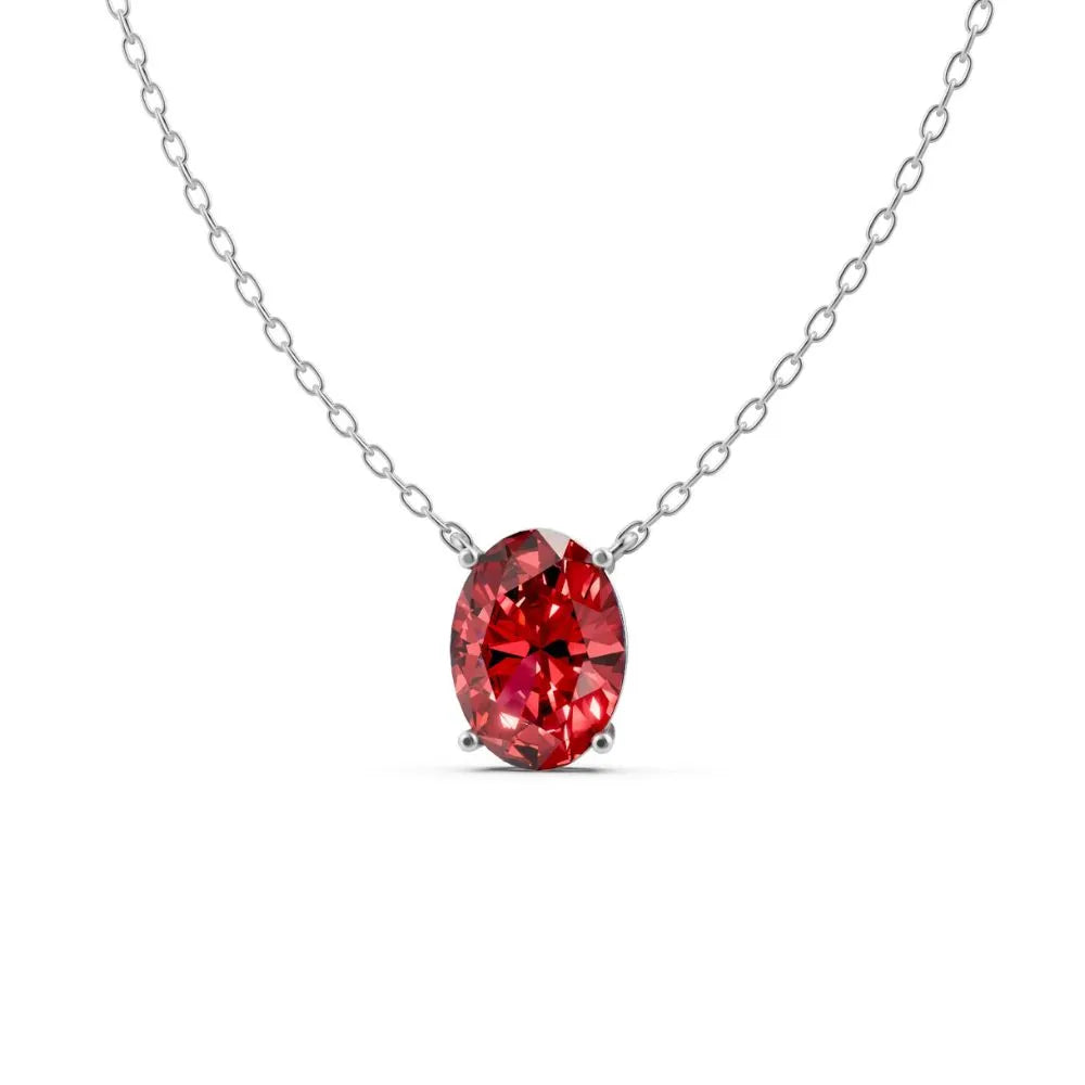 Oval-Cut Red Color Stone Solitaire Necklace White Gold