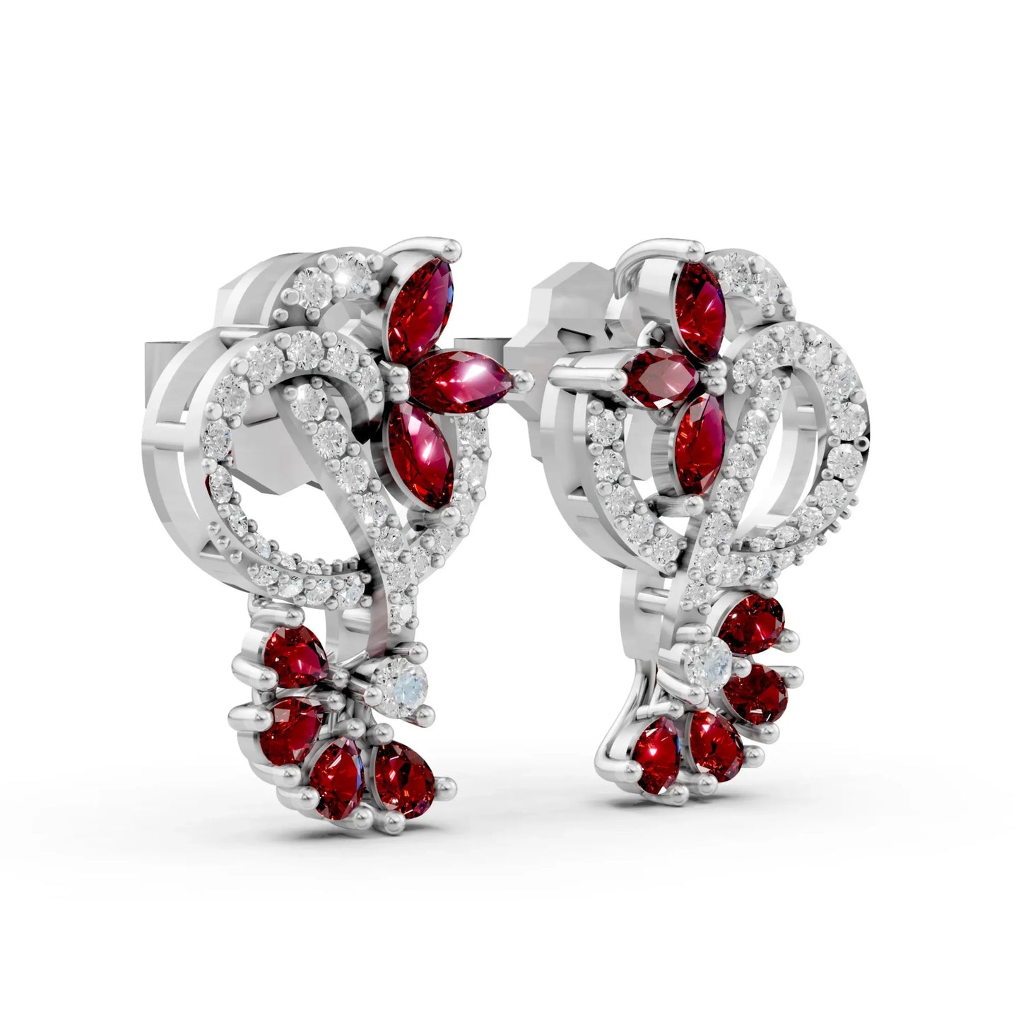 Ruby Floral Loop Earrings with Diamond Accents White Gold