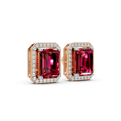 Emerald-Cut Color Stone Stud Earrings Rose Gold