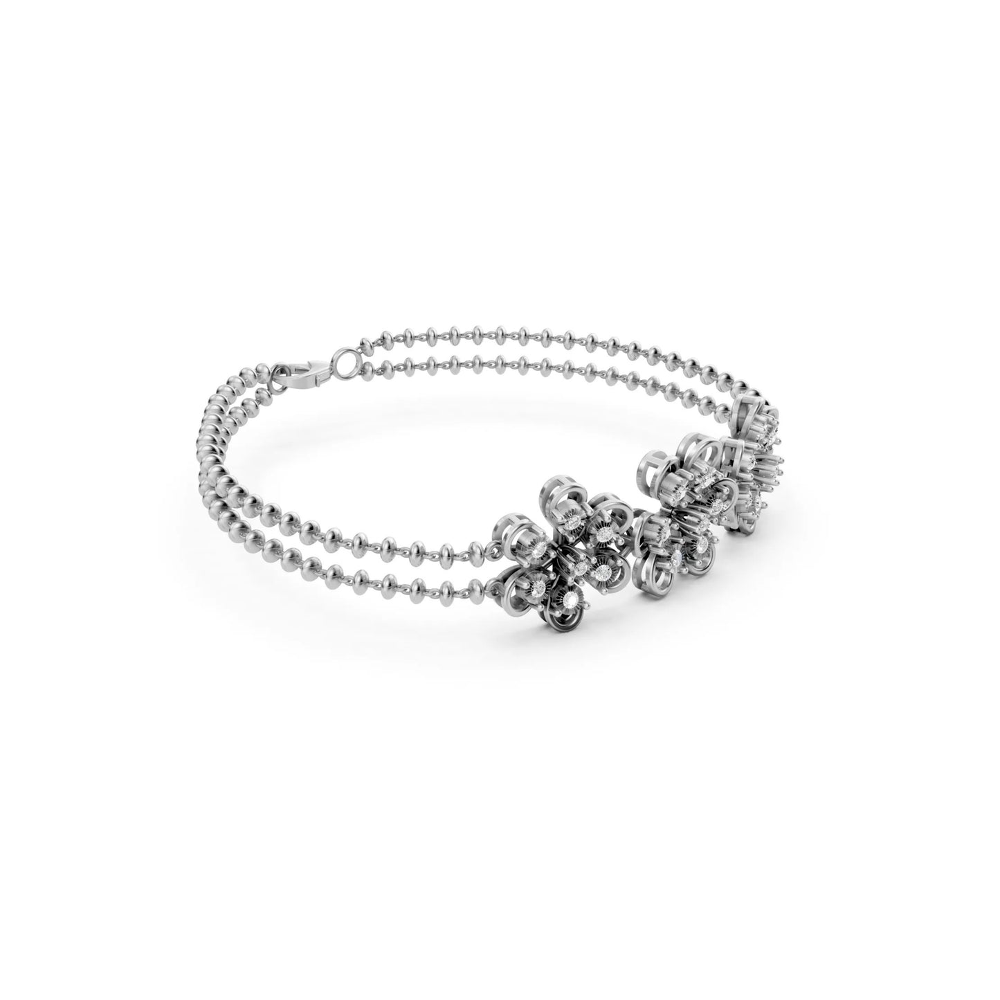 Floral Diamond Bracelet with Double Bead Chain White Gold