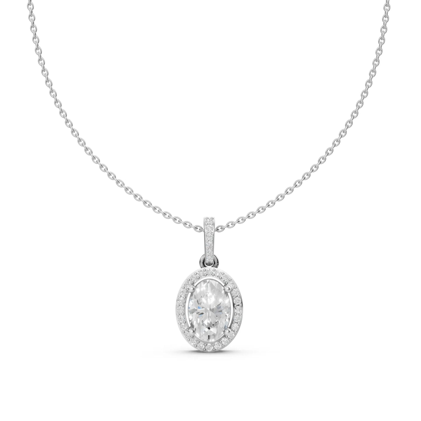 Classic Oval Cut Diamond Pendant with Halo Setting White Gold