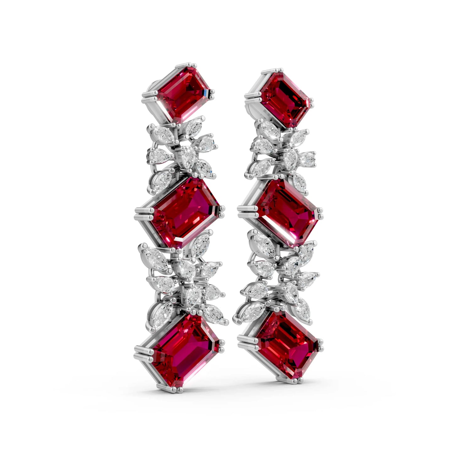 Emerald-Cut Ruby and Diamond Cascade Earrings White Gold
