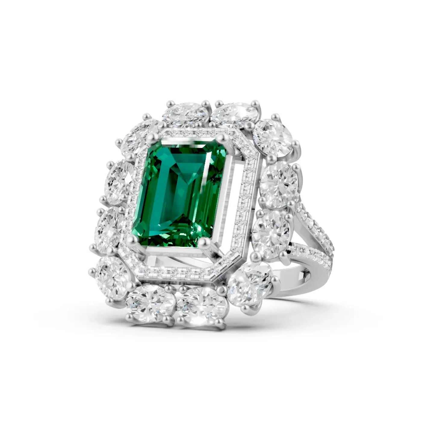 Emerald-Cut Center Diamond Ring with Halo White Gold