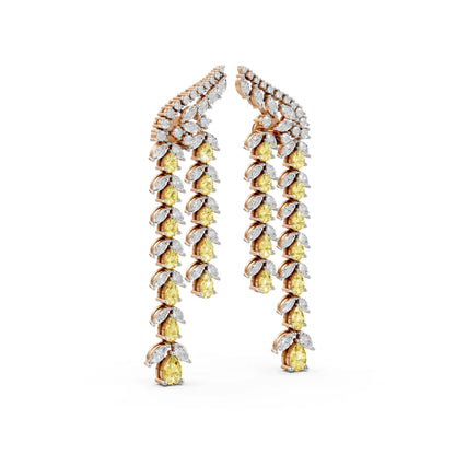 Long Drop Earrings with Yellow Pear Diamonds Rose Gold