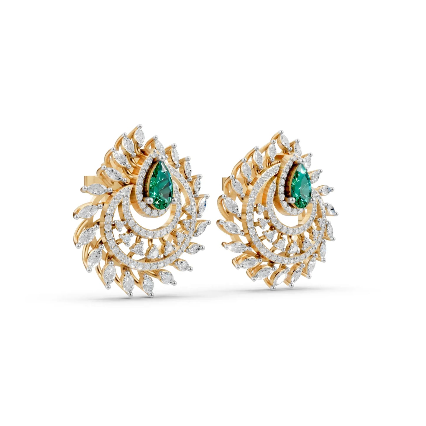 Pear Emerald Earrings with Marquise and Round Diamonds Yellow Gold