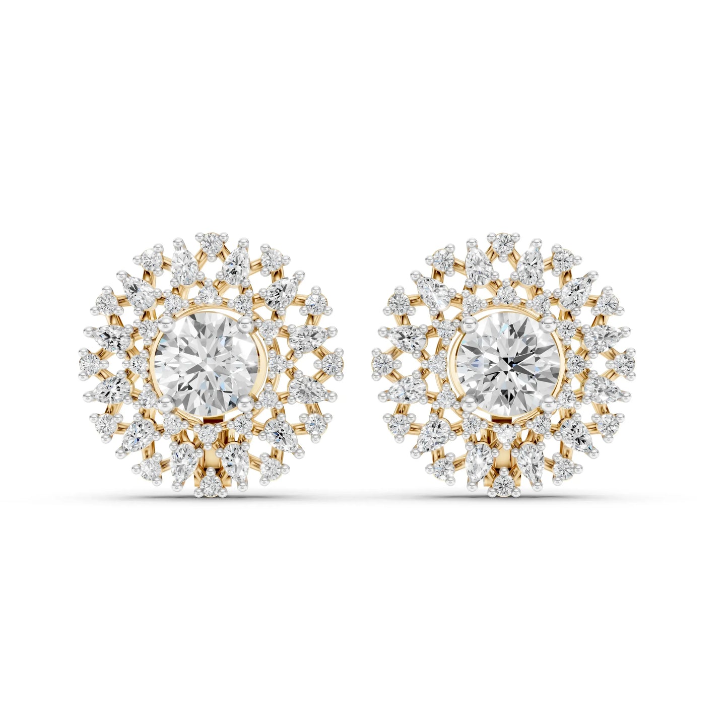 Round and Marquise Diamond Floral Stud Earrings Yellow Gold 