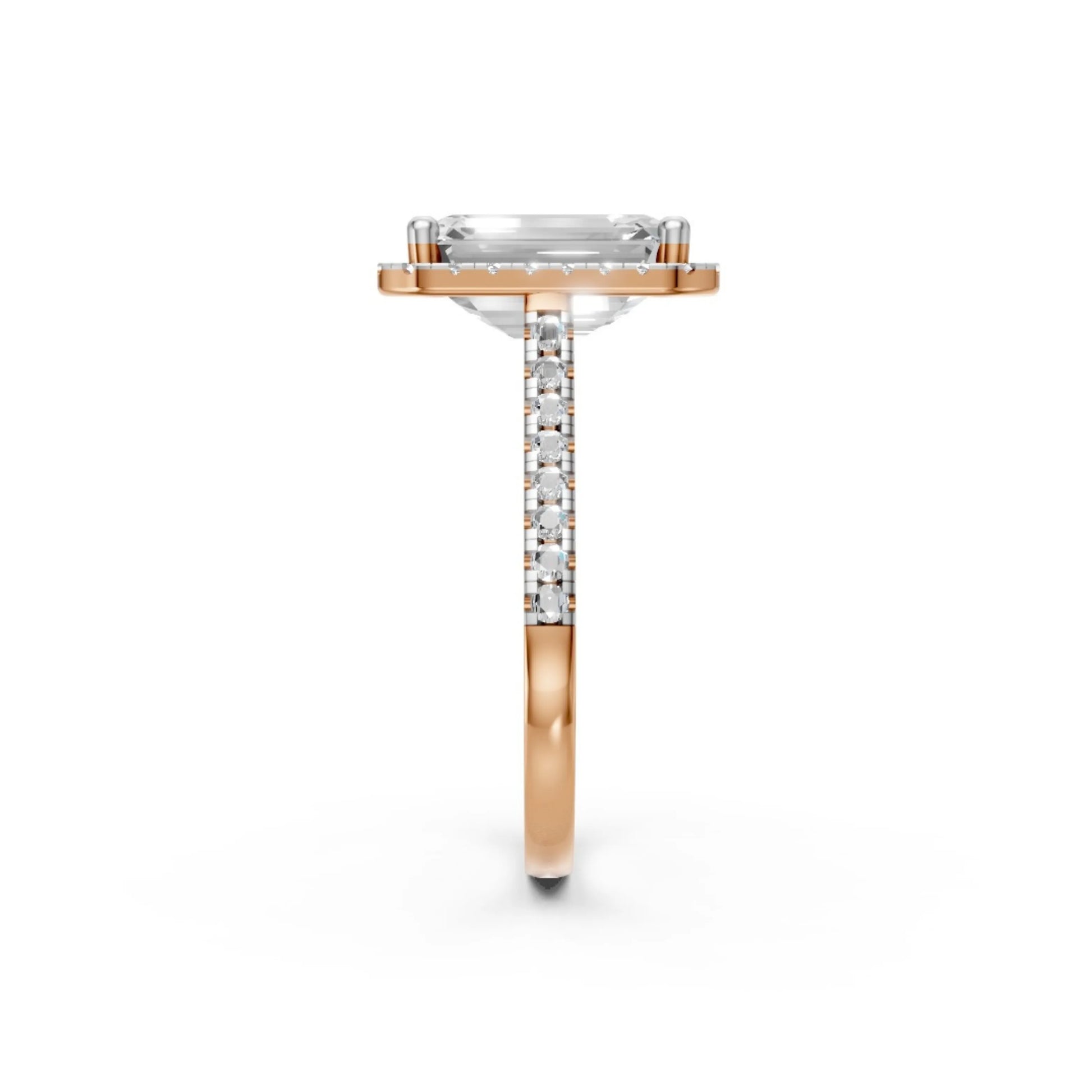 Halo Emerald-Cut Diamond Ring Rose Gold