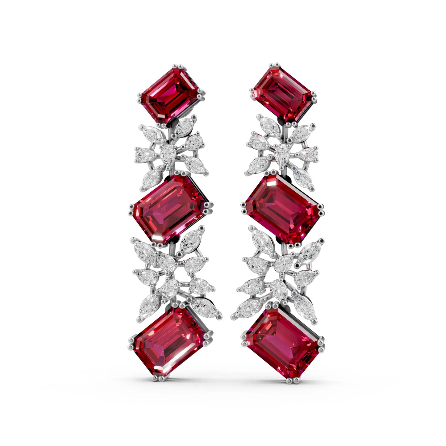 Emerald-Cut Ruby and Diamond Cascade Earrings White Gold