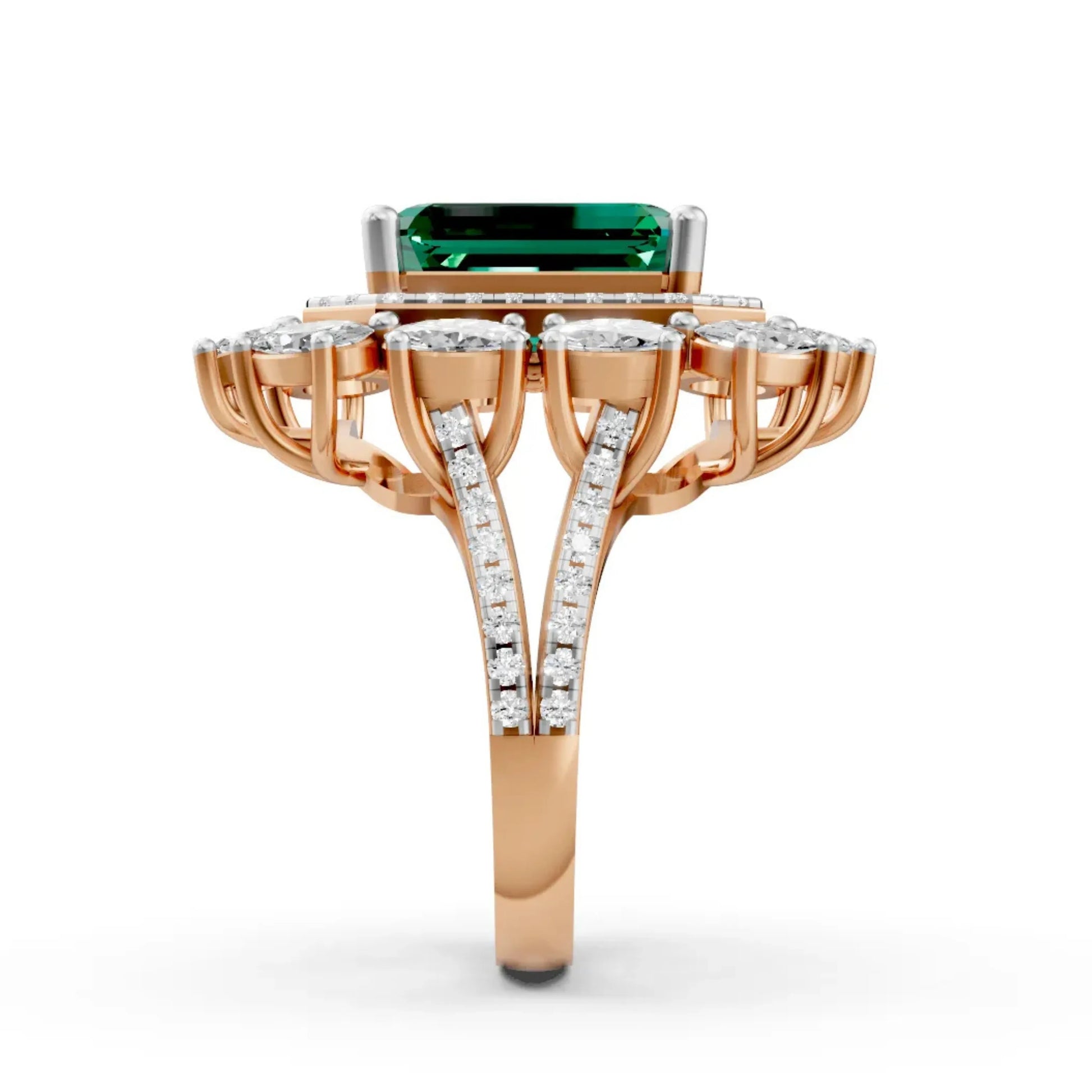 Emerald-Cut Center Diamond Ring with Halo Rose Gold