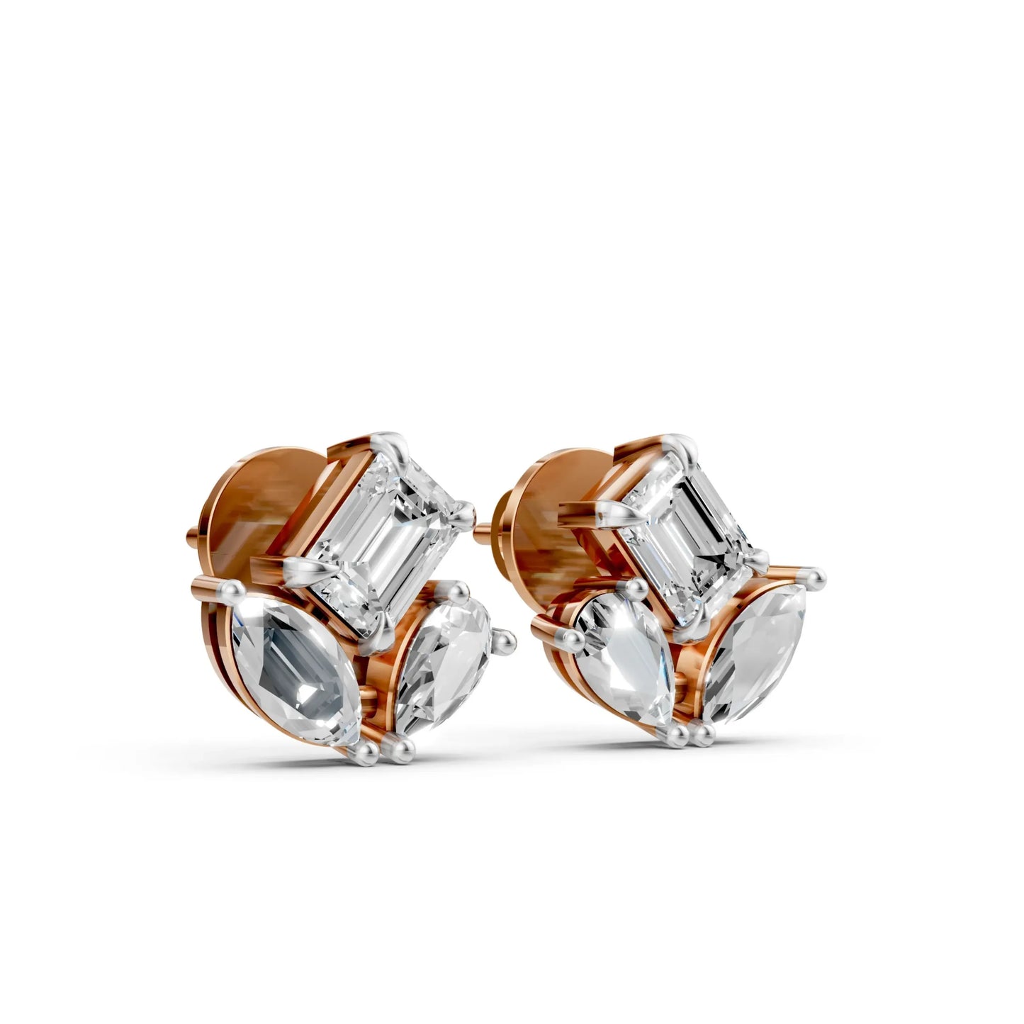 Marquise and Emerald-Cut Diamond Stud Earrings Rose Gold