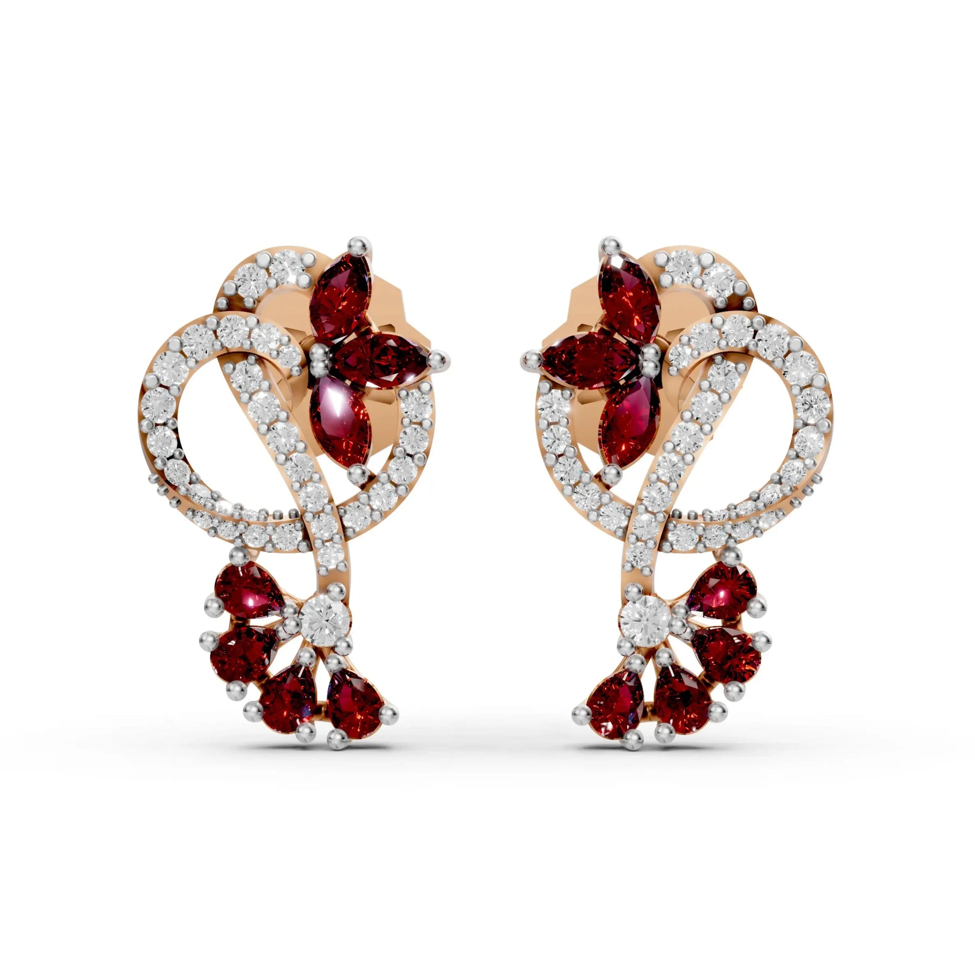 Ruby Floral Loop Earrings with Diamond Accents Rose Gold
