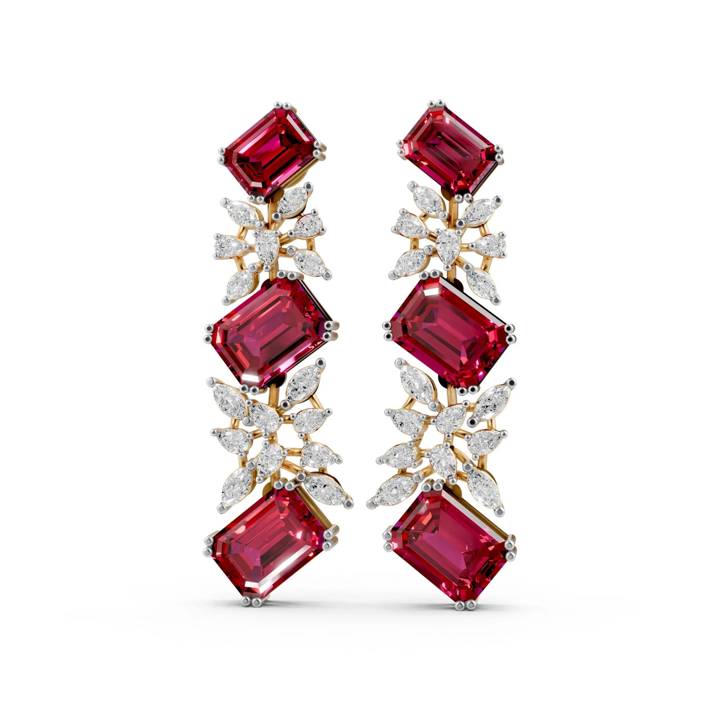Emerald-Cut Ruby and Diamond Cascade Earrings Yellow Gold