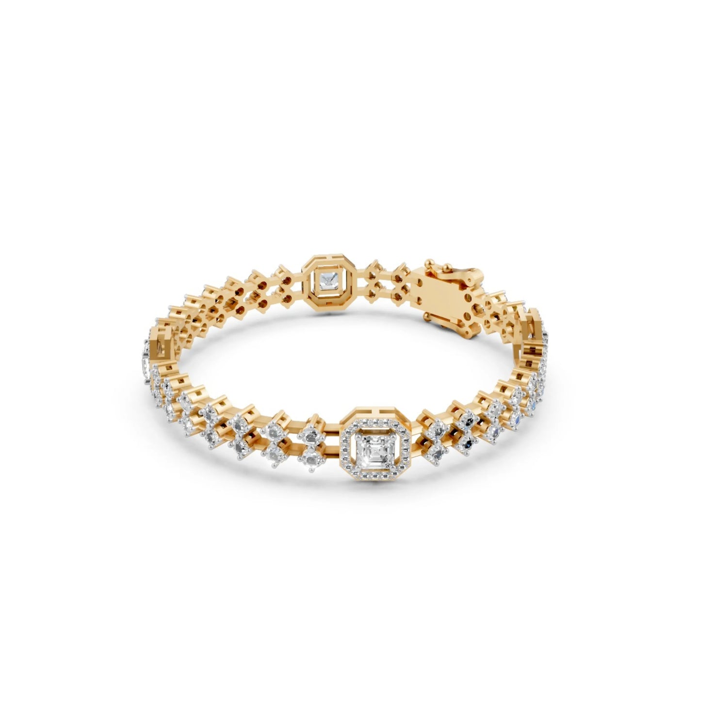 Diamond Bracelet with Halo Stations Yellow Gold