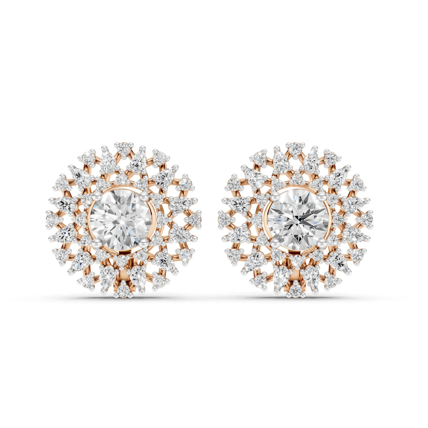Round and Marquise Diamond Floral Stud Earrings Rose Gold 