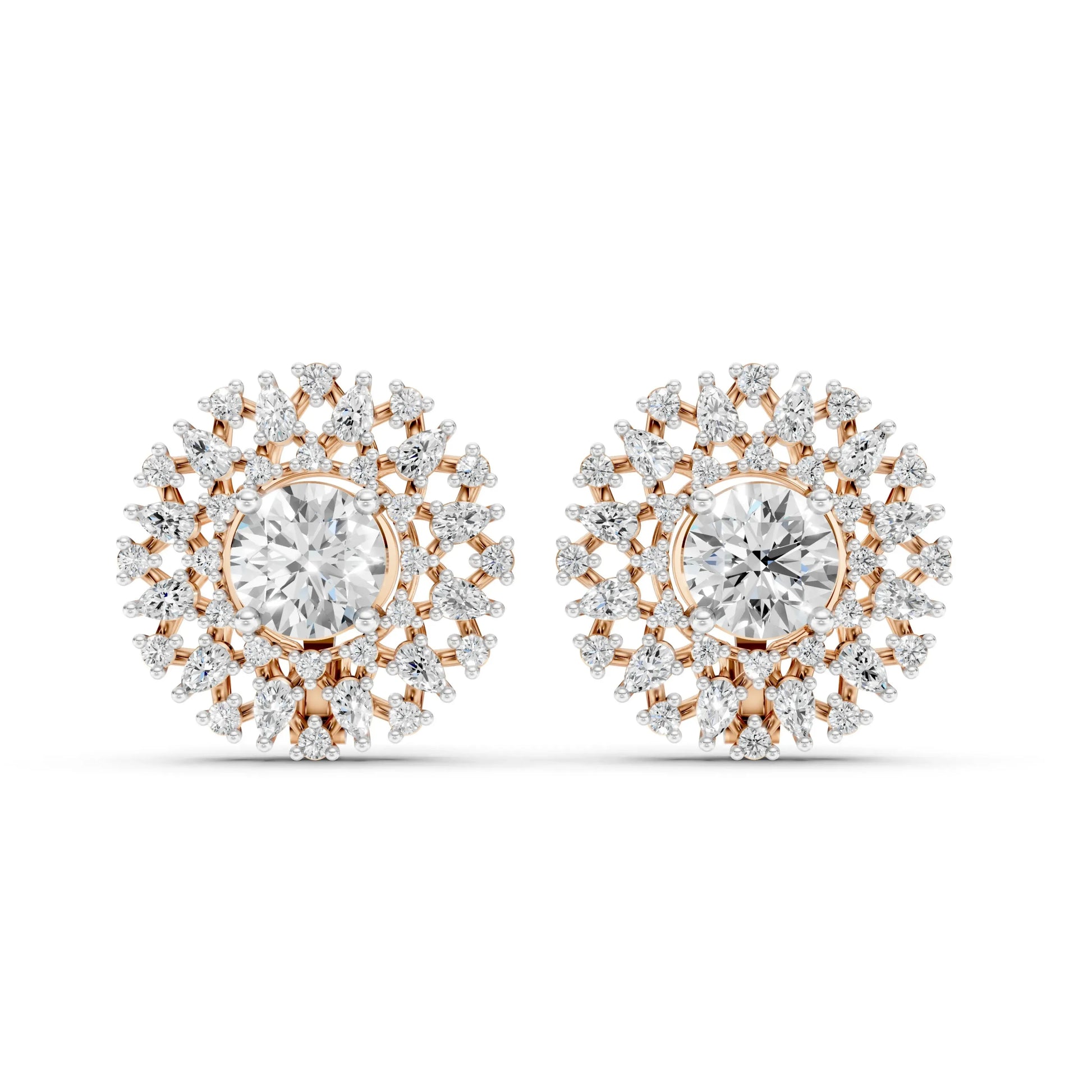 Round and Marquise Diamond Floral Stud Earrings Rose Gold 