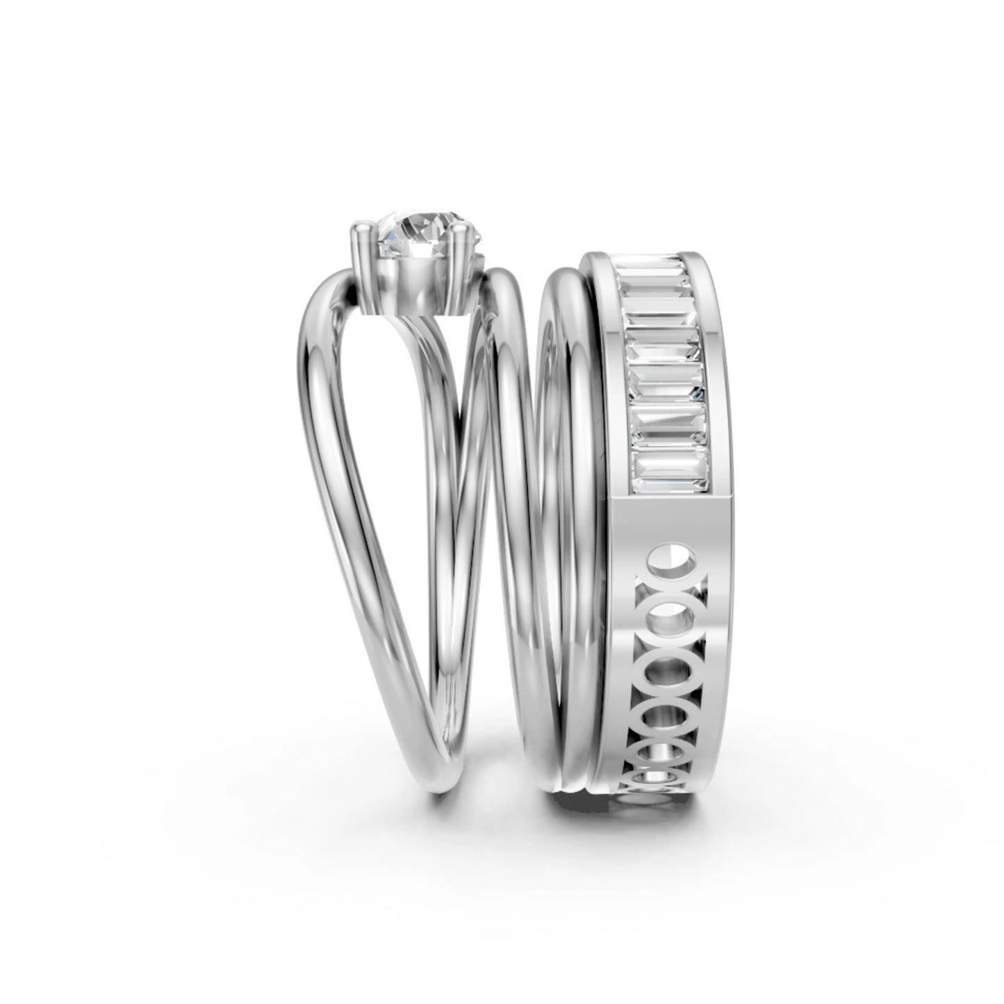 Pear Solitaire & Baguette Eternity Ring Set White Gold