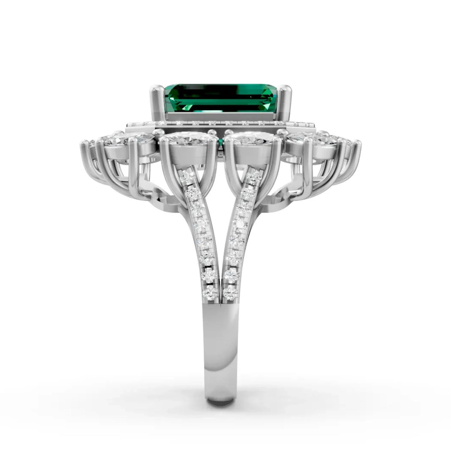 Emerald-Cut Center Diamond Ring with Halo White Gold