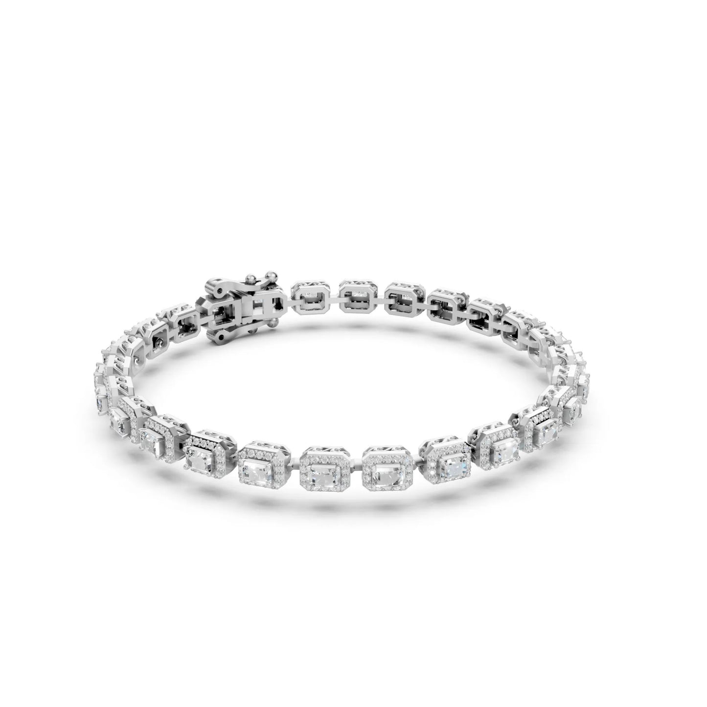 Emerald-Cut Halo Diamond Tennis Bracelet White Gold