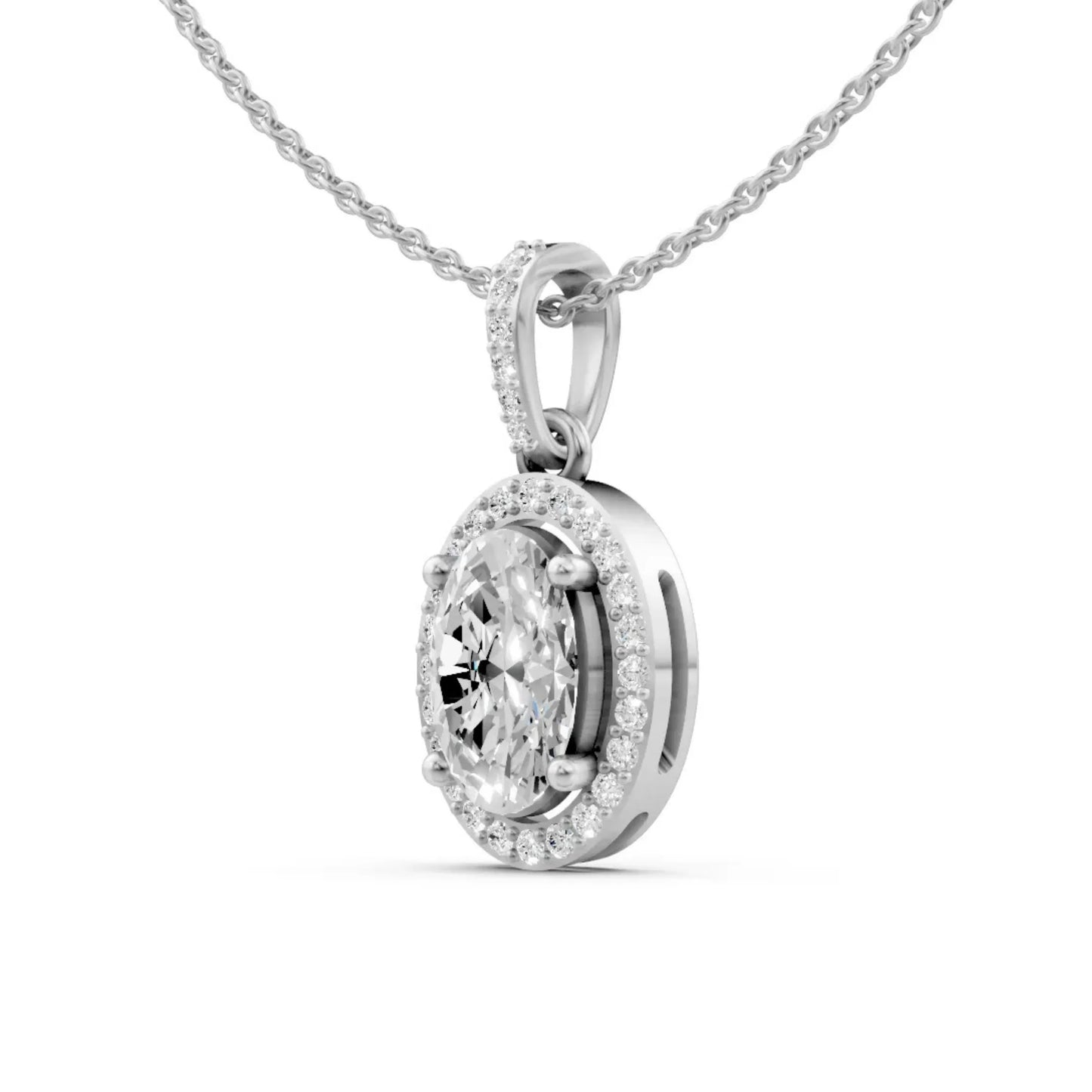 Classic Oval Cut Diamond Pendant with Halo Setting White Gold