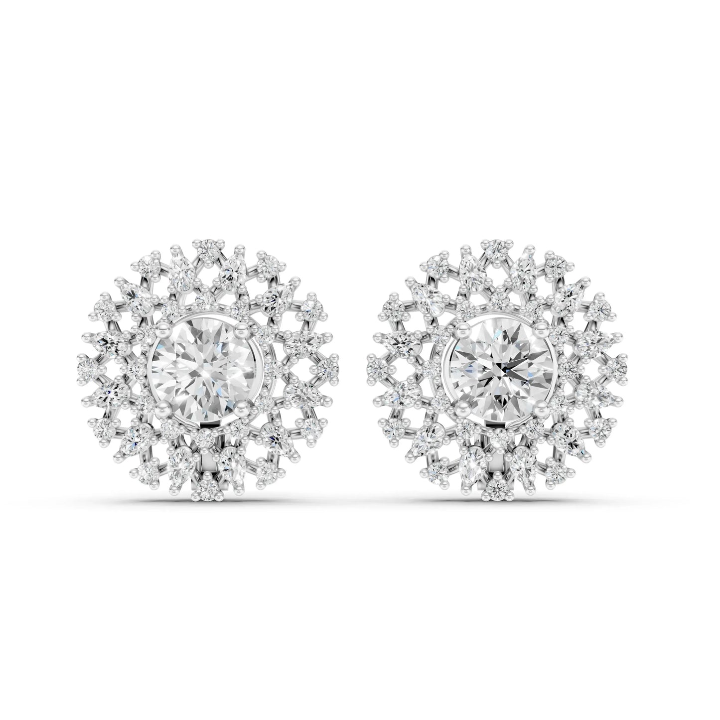 Round and Marquise Diamond Floral Stud Earrings White Gold