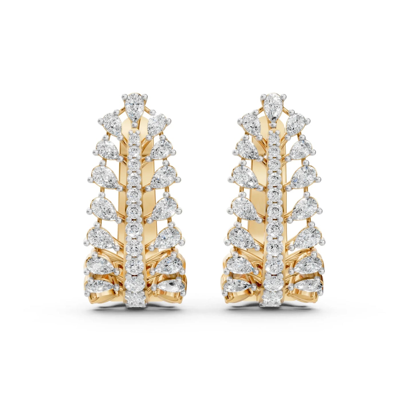 Pear Cut Diamond Leaf-Style Hoop Earrings Yellow Gold