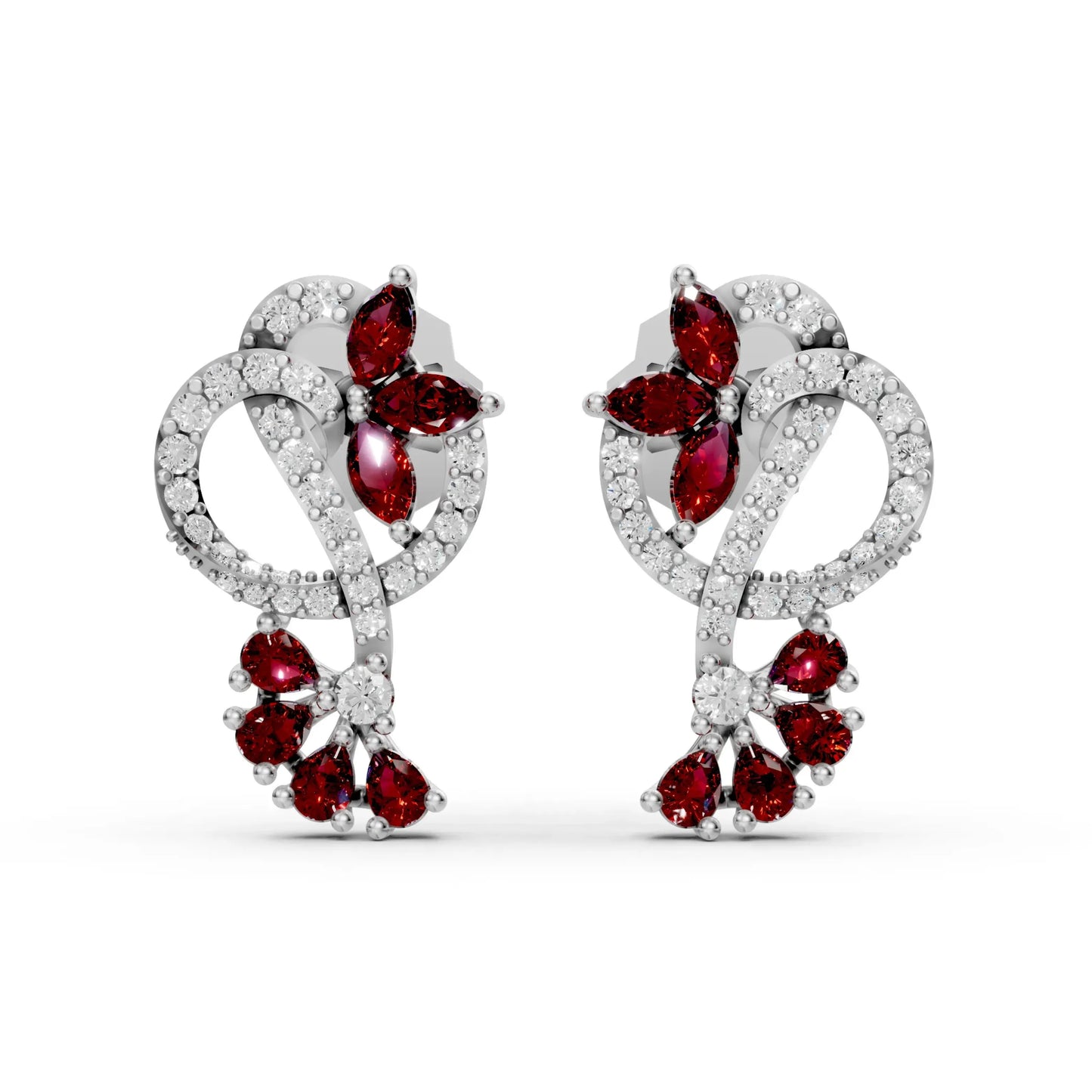 Ruby Floral Loop Earrings with Diamond Accents White Gold
