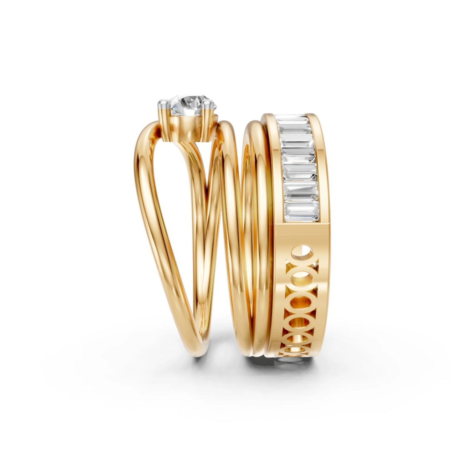 Pear Solitaire & Baguette Eternity Ring Set Yellow Gold