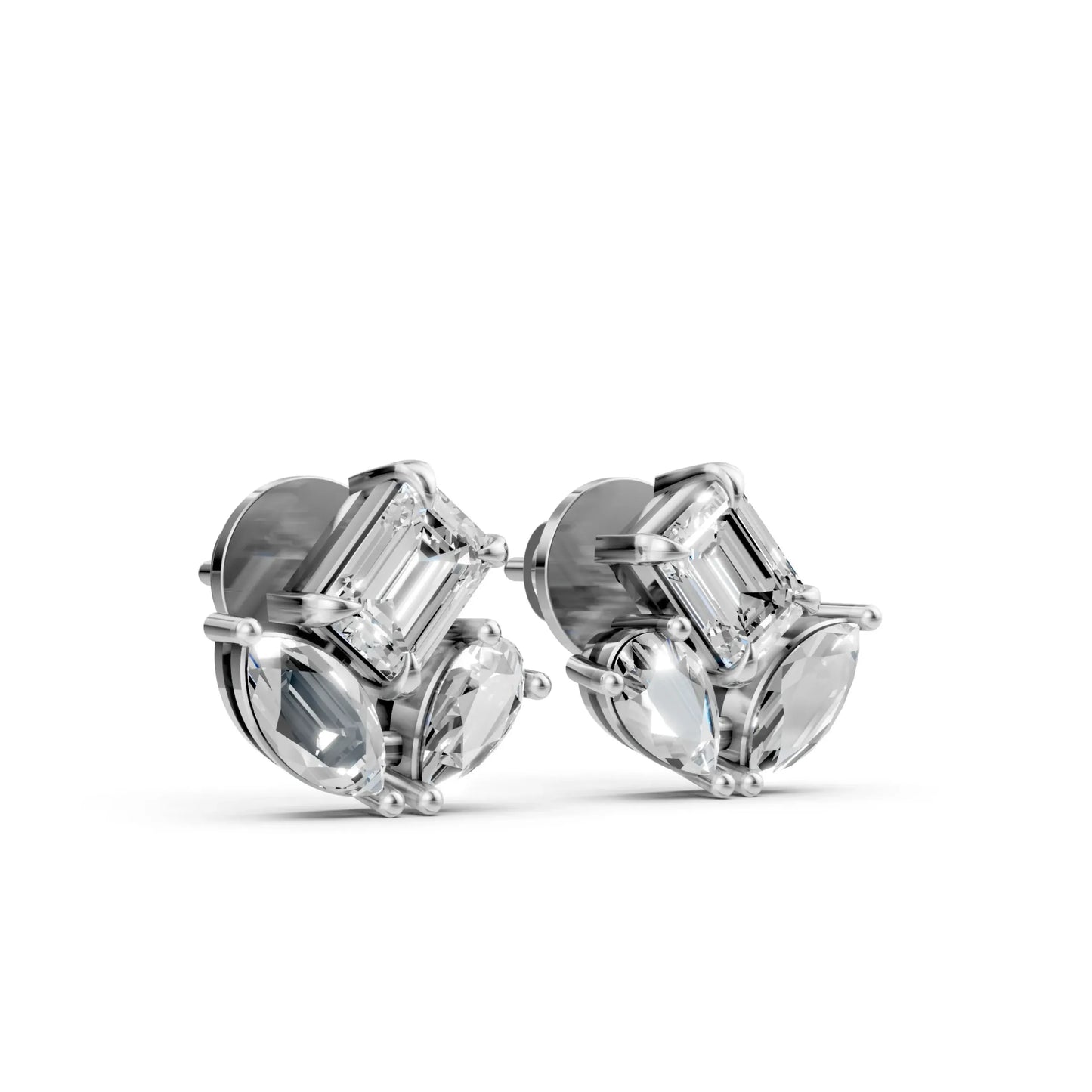 Marquise and Emerald-Cut Diamond Stud Earrings White Gold
